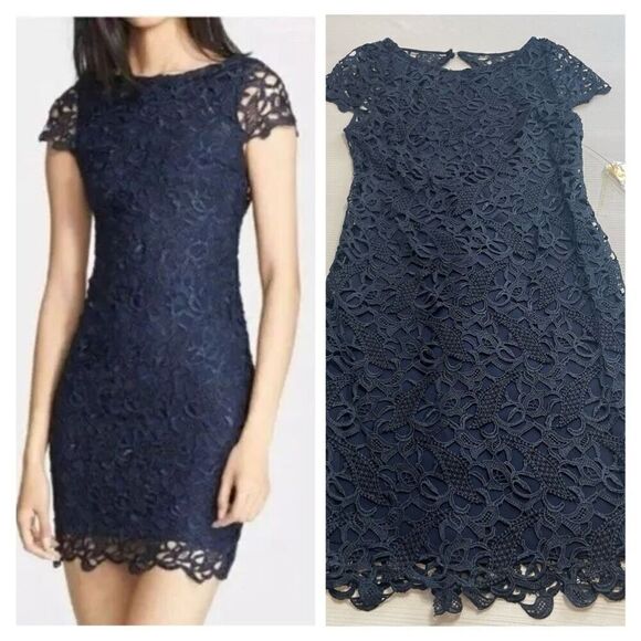Alice + Olivia Clover Lace Back Cutout Dress 8 Navy Blue Mini Cocktail Party NEW - Picture 1 of 11